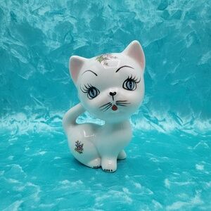 Vintage Ceramic Cat Figurine, Big Blue Eyes Kitty, Floral Cat Decor, Cute